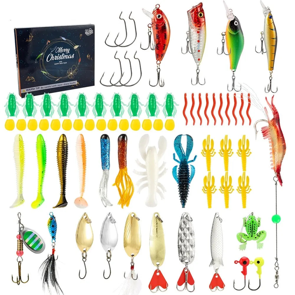 24 metal minnow lures in Christmas fishing set with varied colours and hooks