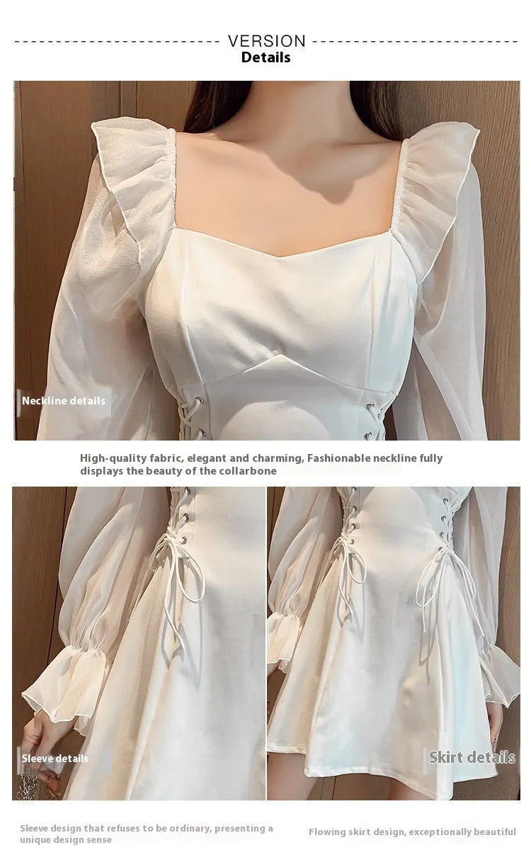 White chiffon patchwork dress with long sleeves and a waist-slimming silhouette on a woman
