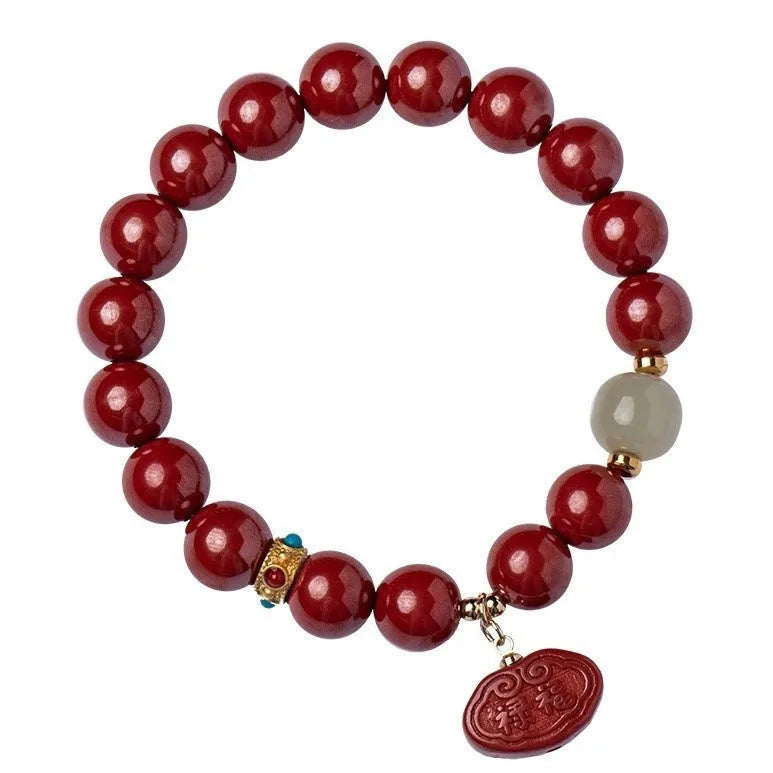 Natural cinnabar Emperor sandstone Ping An Fu Lu bracelet with 8mm or 10mm bead options