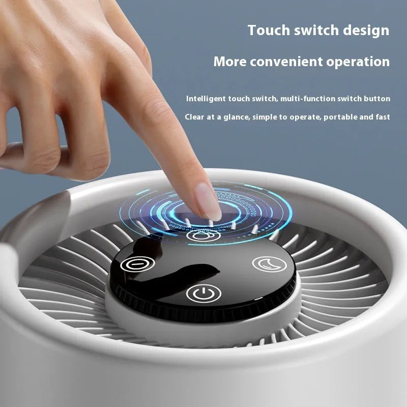 White EJ-JHQ101 desktop air purifier with simple style on a table next to a Type-C cable.