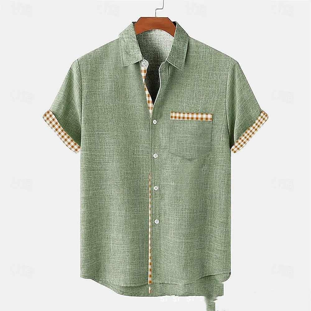 Linen short sleeve shirt with ocean fish pattern lapel design in loose casual cut