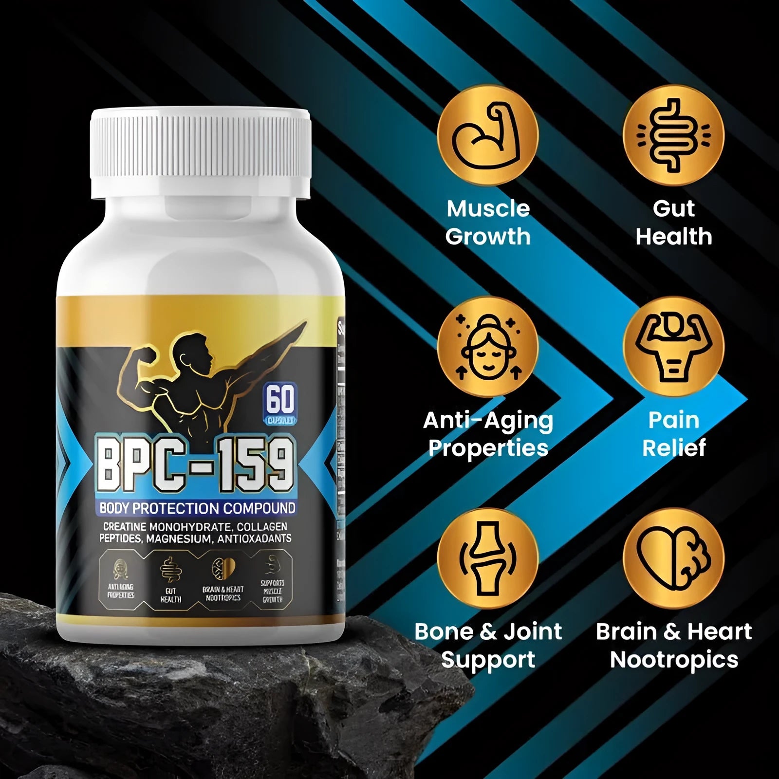 Body energy supplement capsules in a bottle for general wellness support