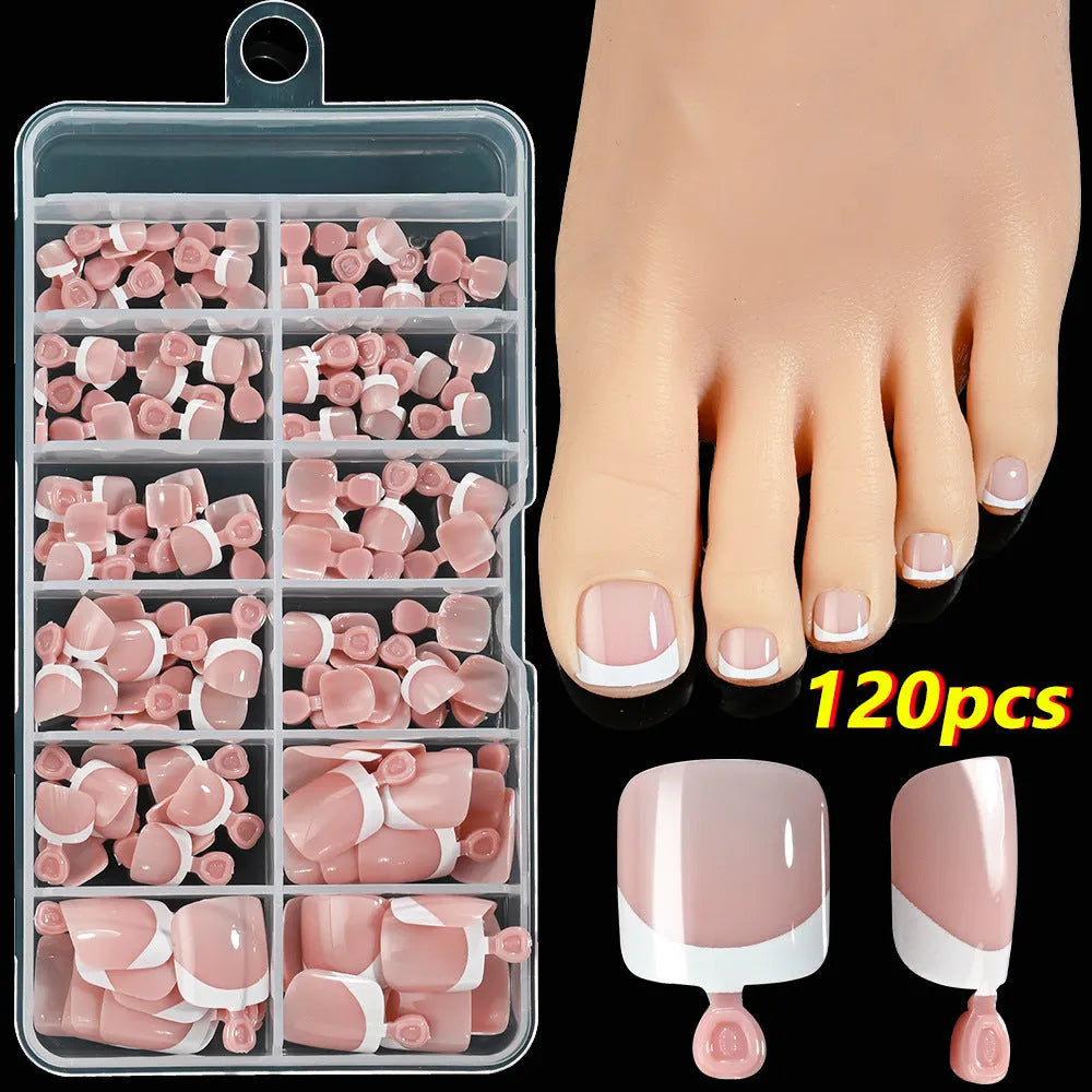 Box of 120 French white edge full square short nude toe nail tips on a white background.