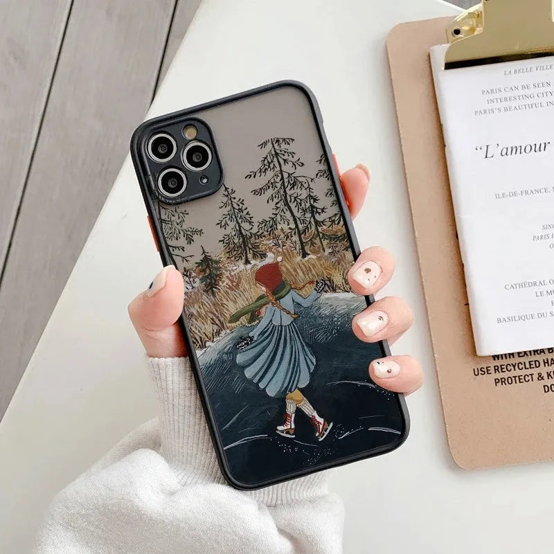 Vintage cartoon scenery girl print phone case for iPhone 13 series, showing retro illustration