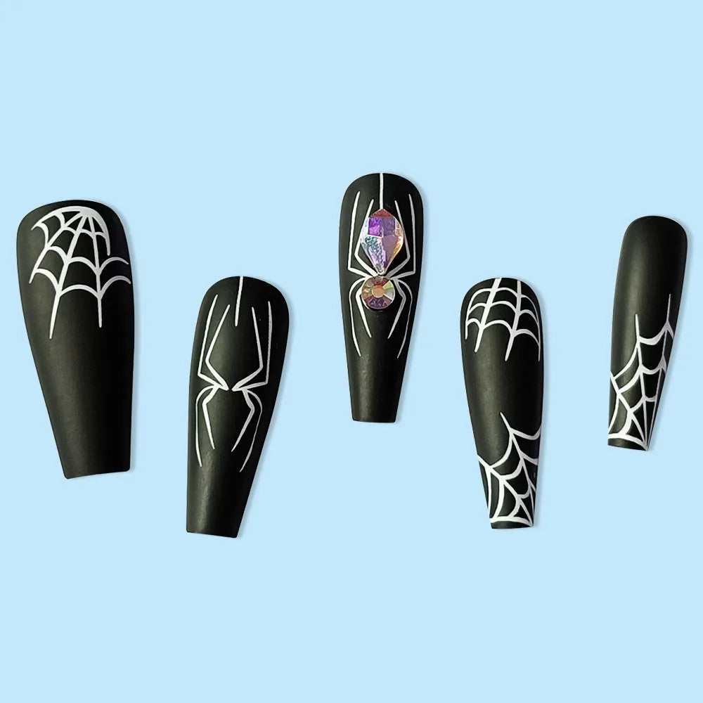 Dark Spider Halloween nail art set with 24 pieces and glue, cartoon spider design