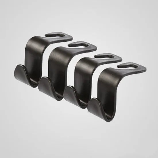 Set of 4 black PP universal car seat back hooks, each 11cm x 3.5cm, with 20kg weight capacity, for hanging bags from car front seat backs