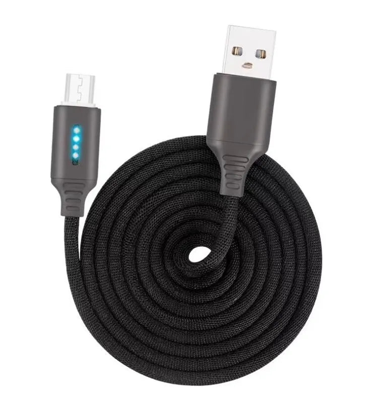 Fabric braided USB fast charging cable in black, shown with Android and Type-C connectors.