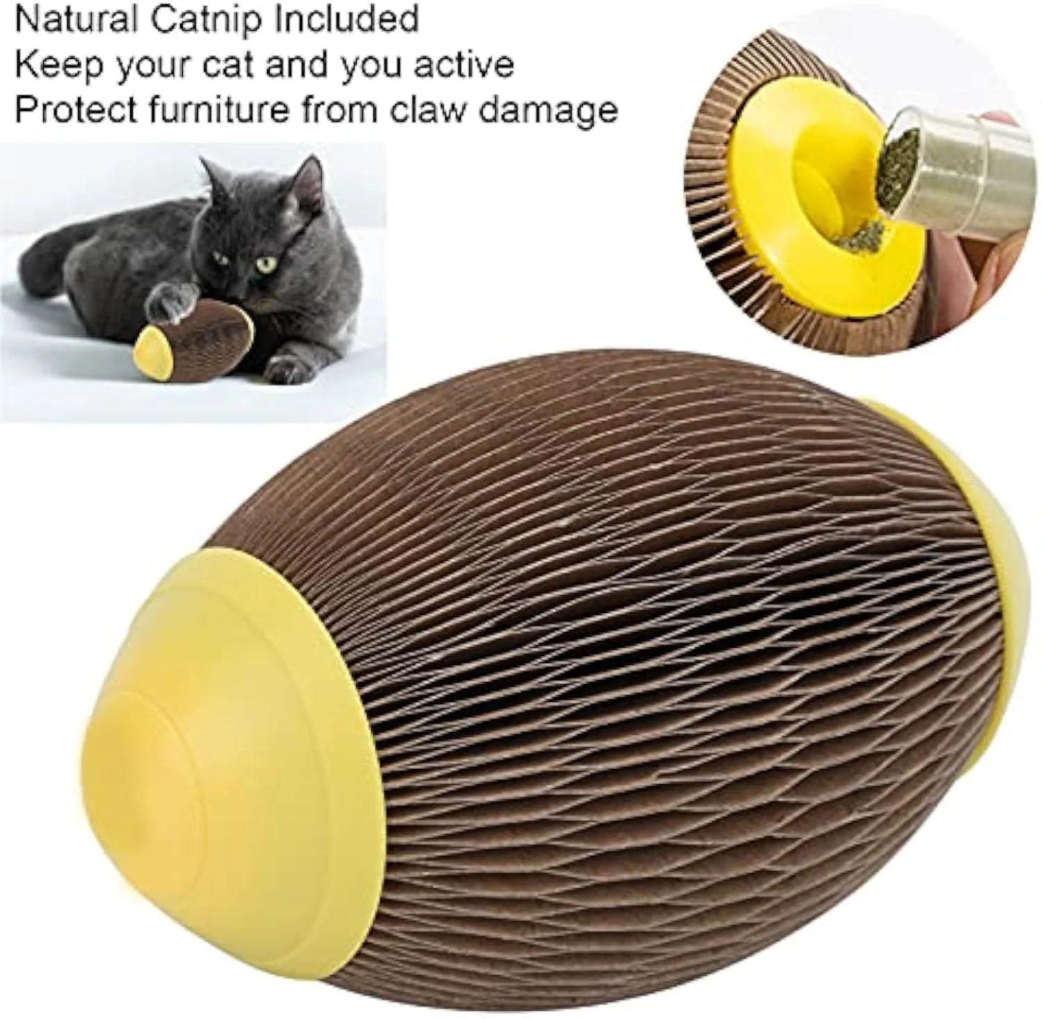 Elliptical catnip ball toy made from brown recycled corrugated paper for scratching and play.