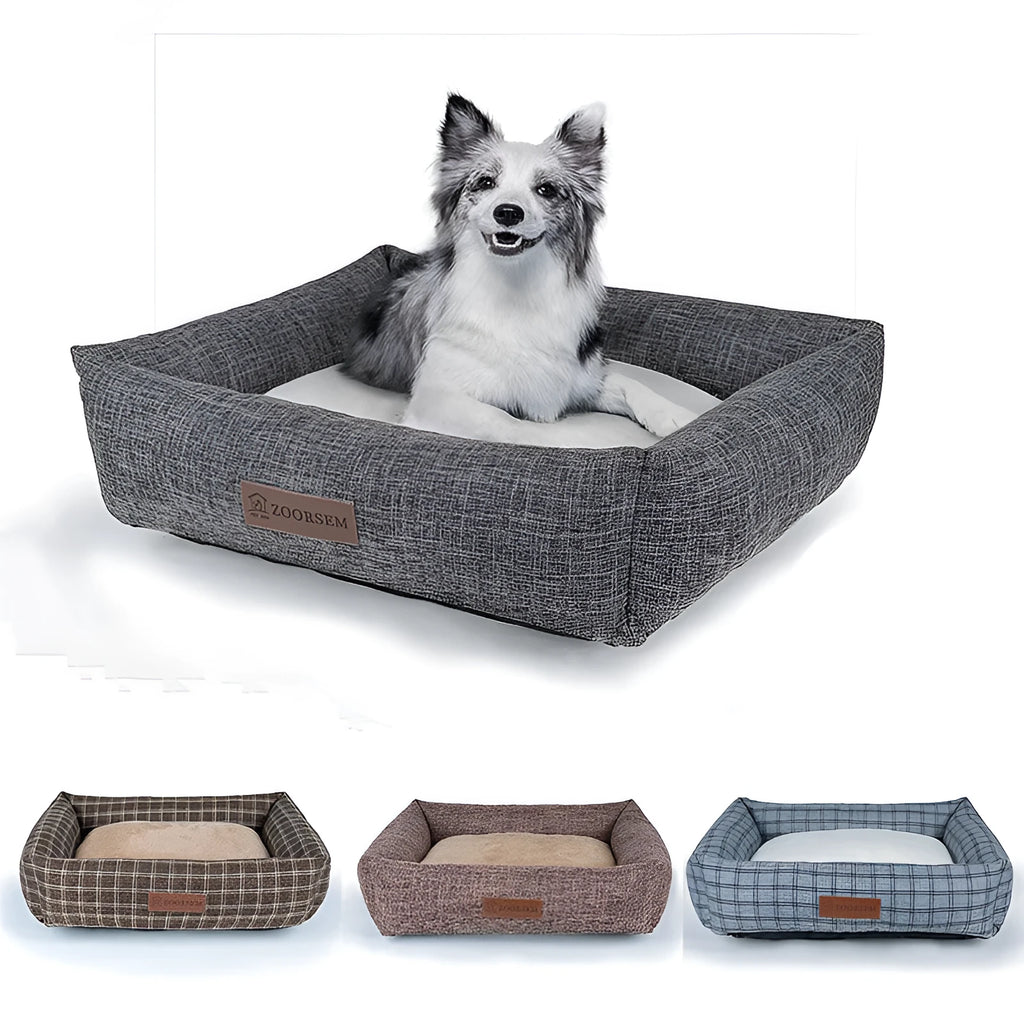 Grey plaid linen square dog bed for medium-sized dogs on a wooden floor.