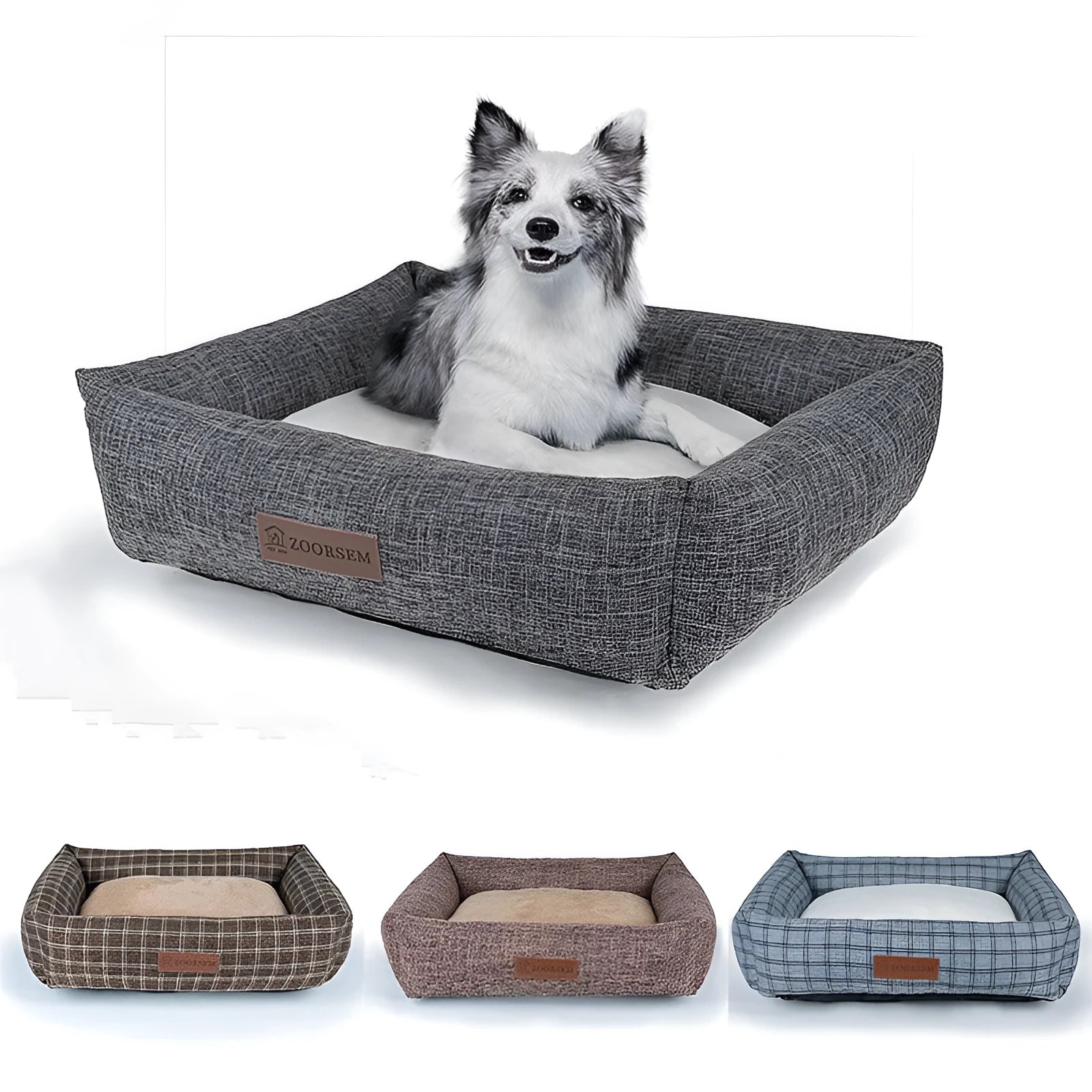 Grey plaid linen square dog bed for medium-sized dogs on a wooden floor.