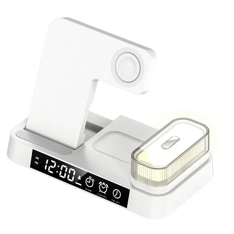 Foldable 4-in-1 wireless charging station with alarm clock display and RGB night light