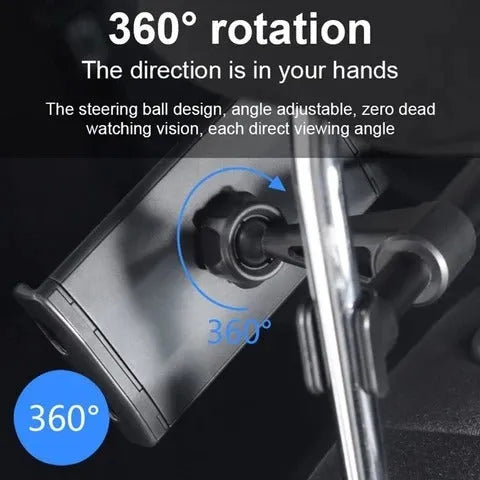 Black plastic car phone holder with universal tablet compatibility mounted on vehicle rear seat