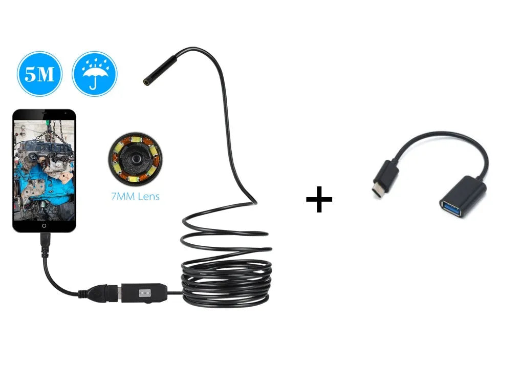 OWSOO USB endoscope camera with 5 metre cable, 6 LED lights, and magnet hook accessories