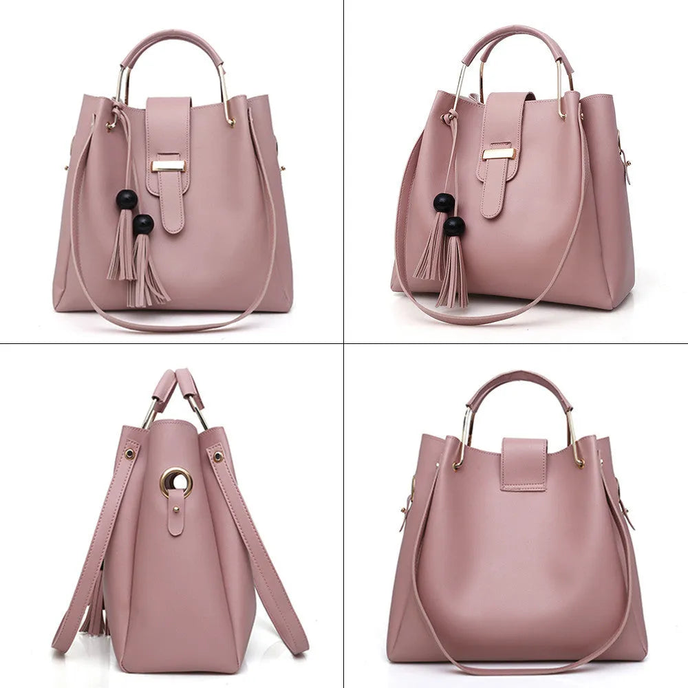 Women's 3 piece PU leather handbag set with shoulder bag, crossbody bag, and tote with tassel and metal handle