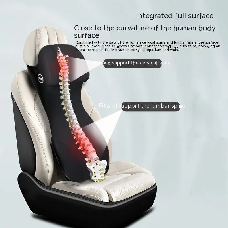 Black automotive memory foam headrest and lumbar cushion combined in one piece on a car seat.