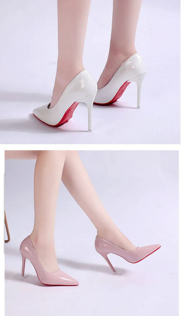 Women's solid colour pointed toe stiletto heel pumps with shallow mouth design and rubber sole