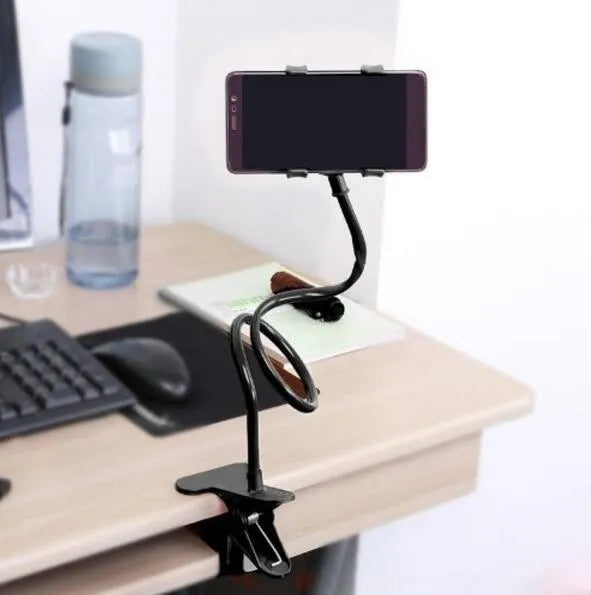 Black flexible arm phone holder with V-clip for smartphones on bed frame