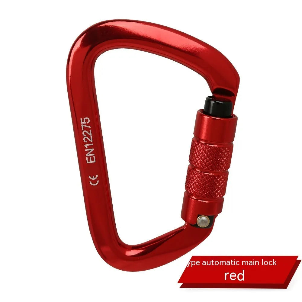 D-shaped climbing carabiner main lock shown in red, with choice of automatic or threaded gate closure.