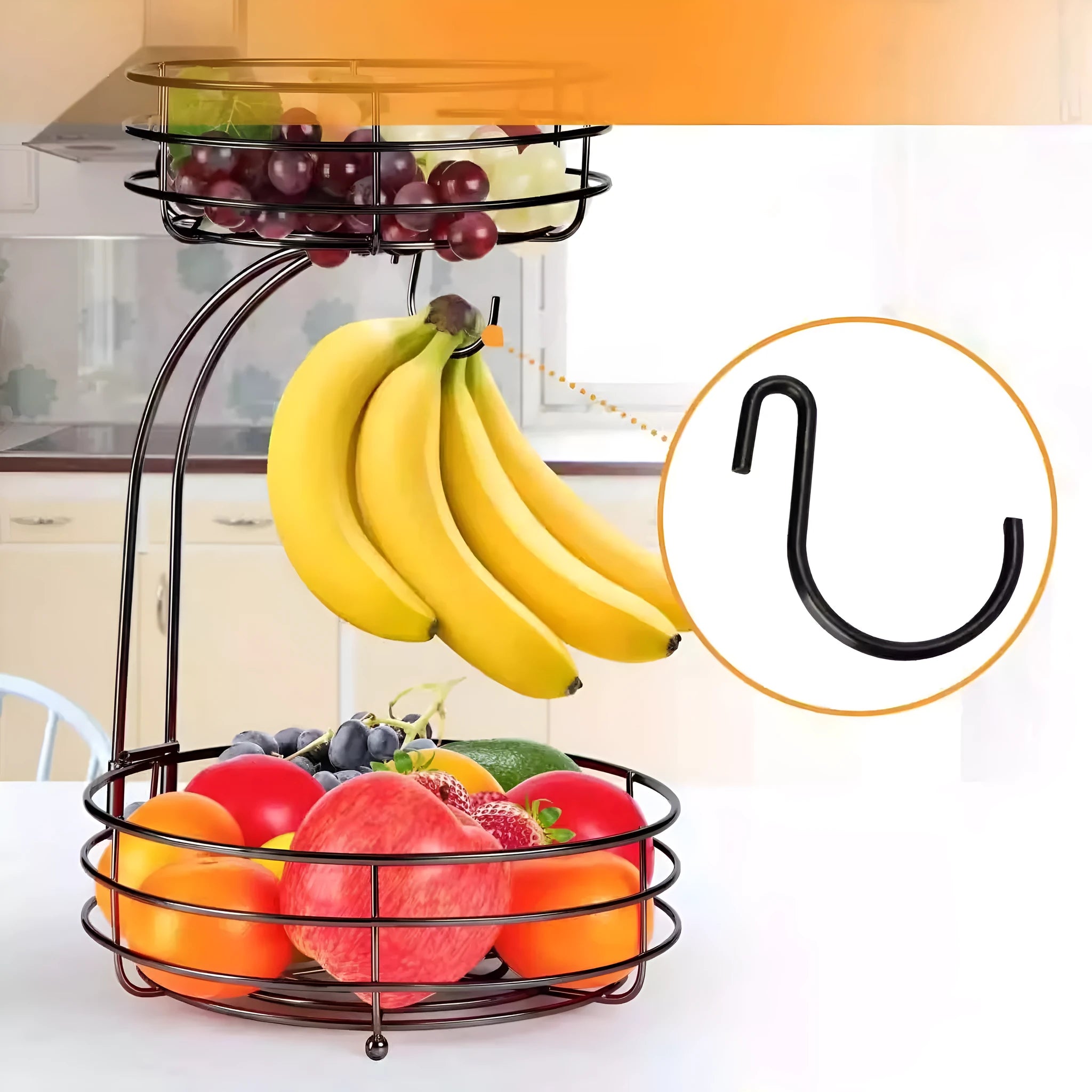 Black and gold wrought iron double-layer fruit basket for restaurant vegetable storage