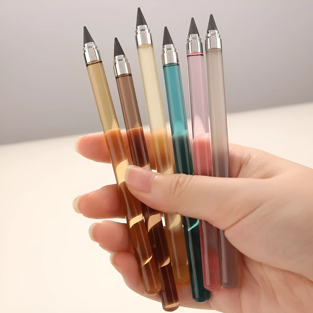 Transparent acrylic eternal pencil with alloy pen head showing internal mechanism
