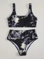 Women's marble tie-dye high-waist bikini set with U-neck top in multiple colour patterns