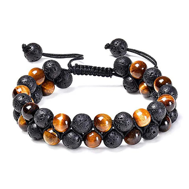 Matte black agate couple bracelets with geometric bead design