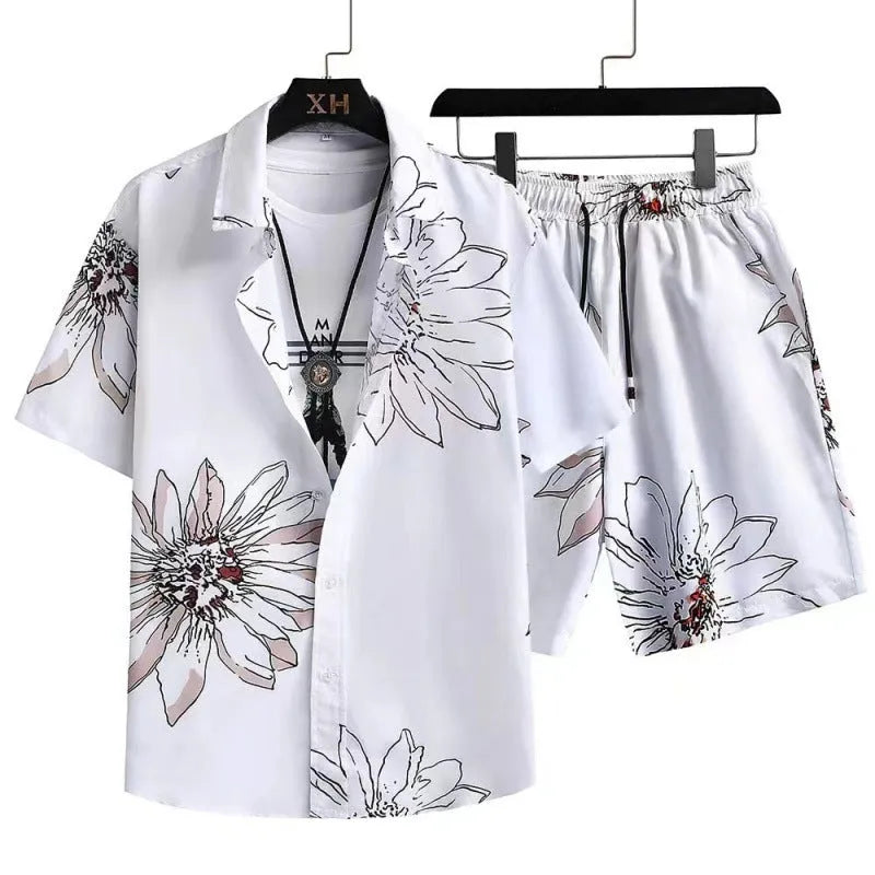 Men's casual short sleeve cardigan suit with digital printing and matching shorts