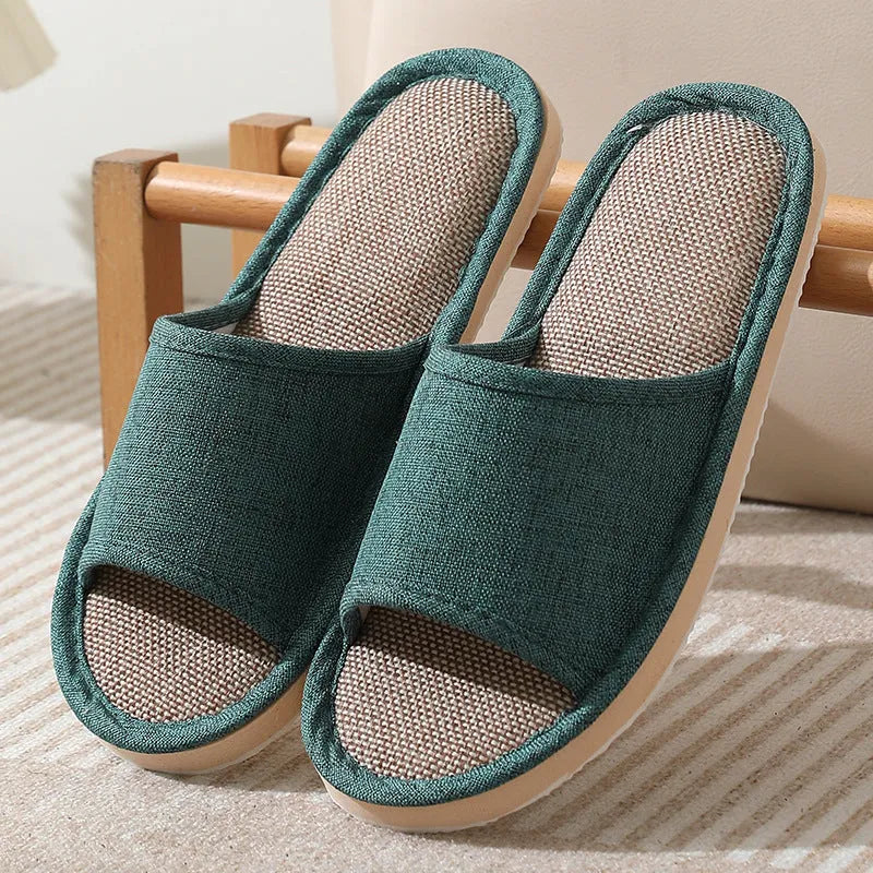 Women's open-toe linen slippers in various colours with thickening sole