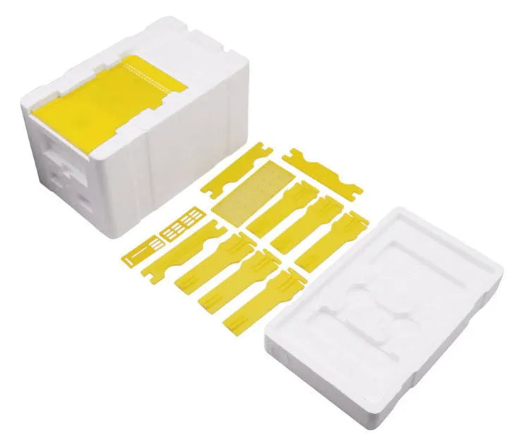 Three white EPS foam mini delivery boxes for bee breeding and hive transport.
