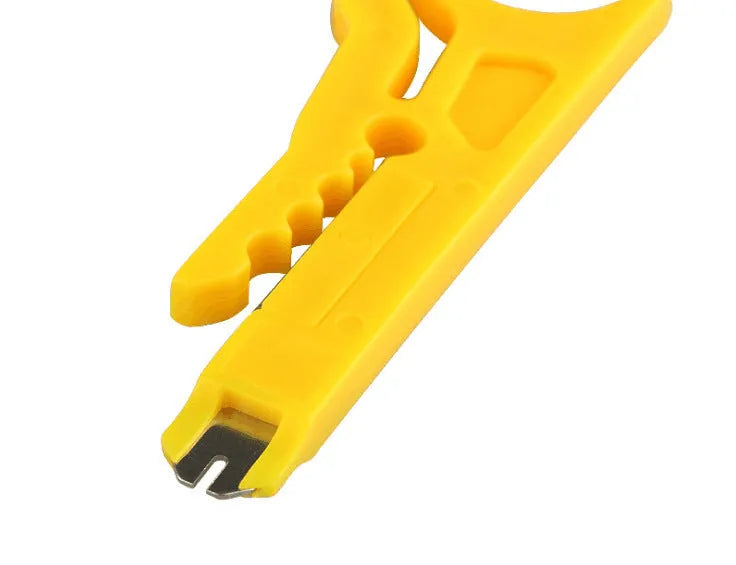 Yellow mini portable wire stripper tool with adjustable 0.6mm blade for network and telephone cables.