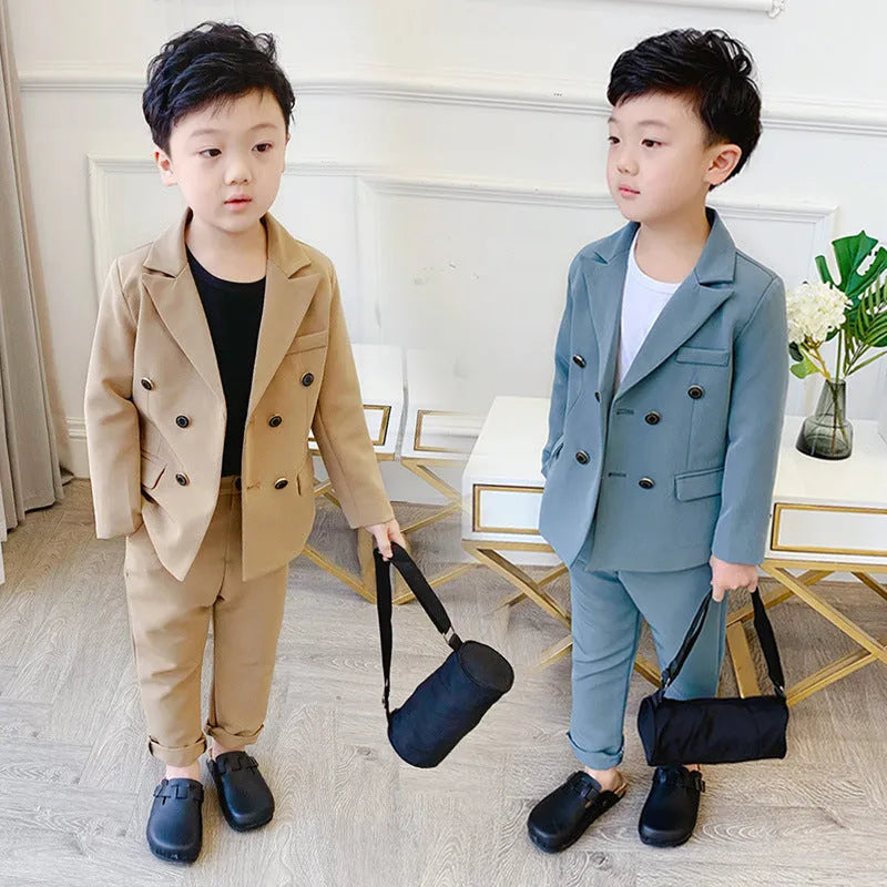 Boys two-piece suit set with long sleeve shirt and trousers in light blue, size 100cm