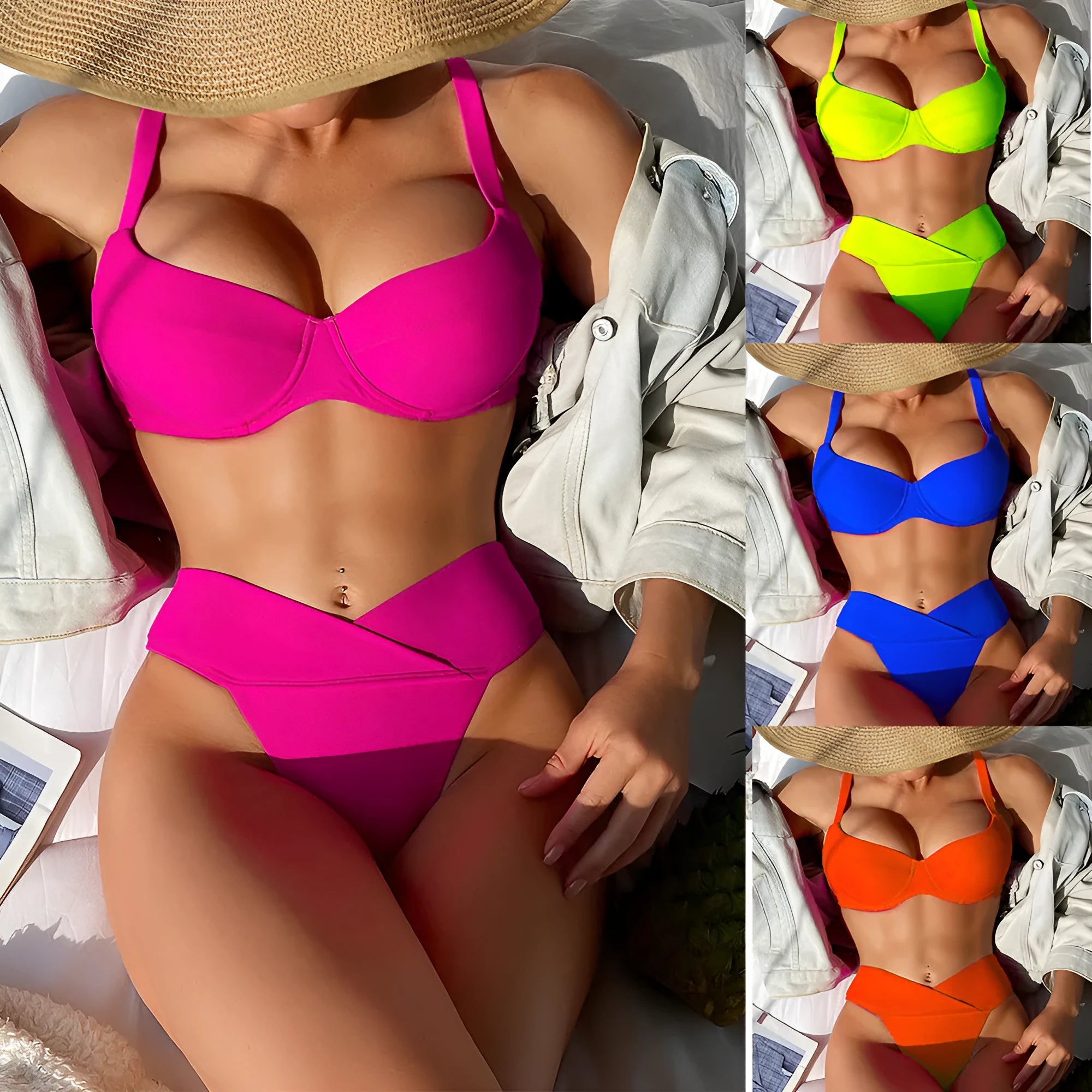 Solid colour fluorescent bikini swimsuit set on a white background, showing bra top and briefs.