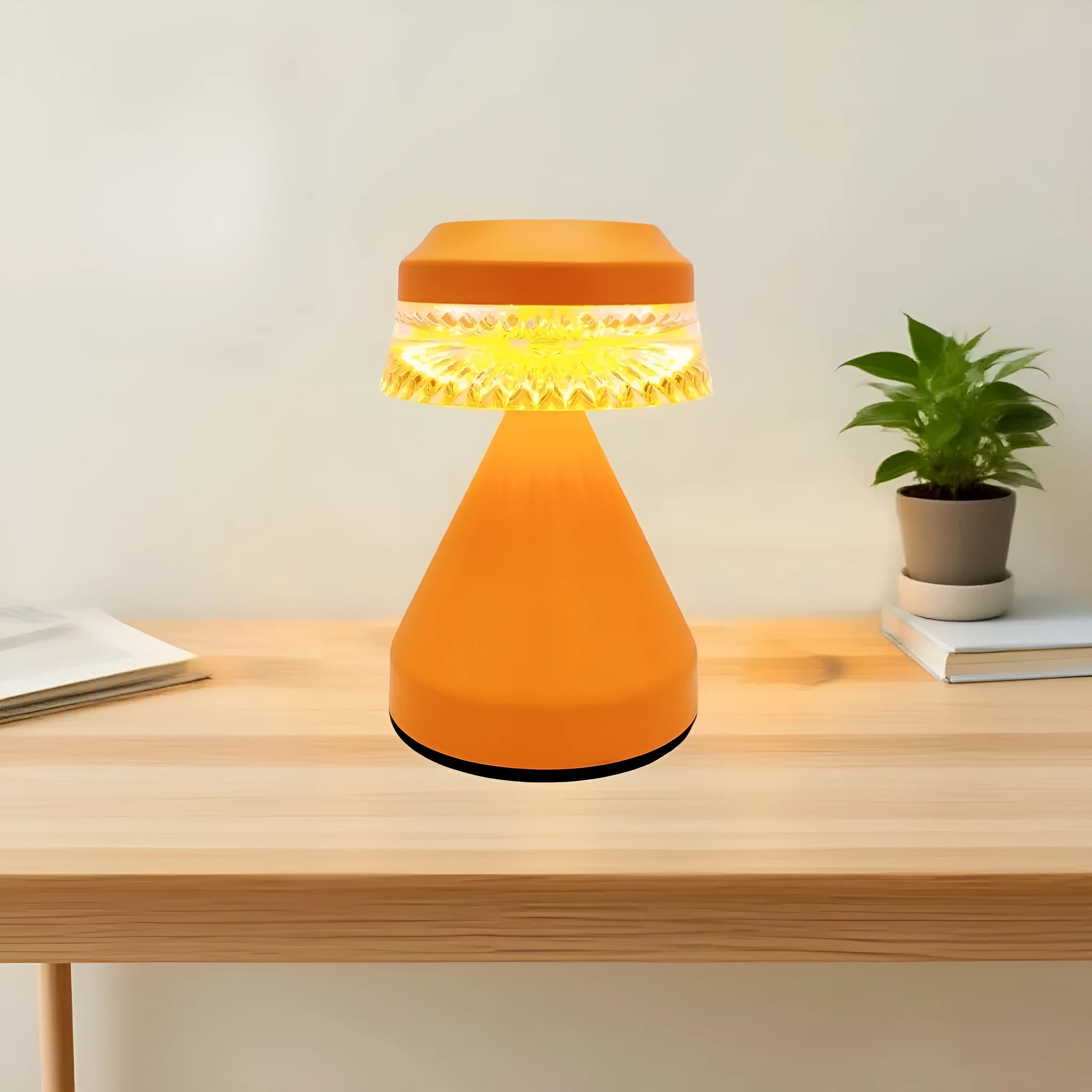 Black USB rechargeable LED bedside night lamp with touch dimming on a wooden table.