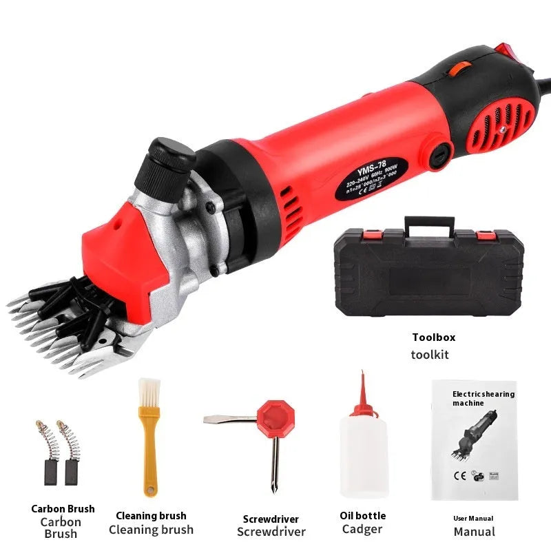 Yellow electric wool shearing plug-in unit with multiple cutting comb sets and maintenance accessories