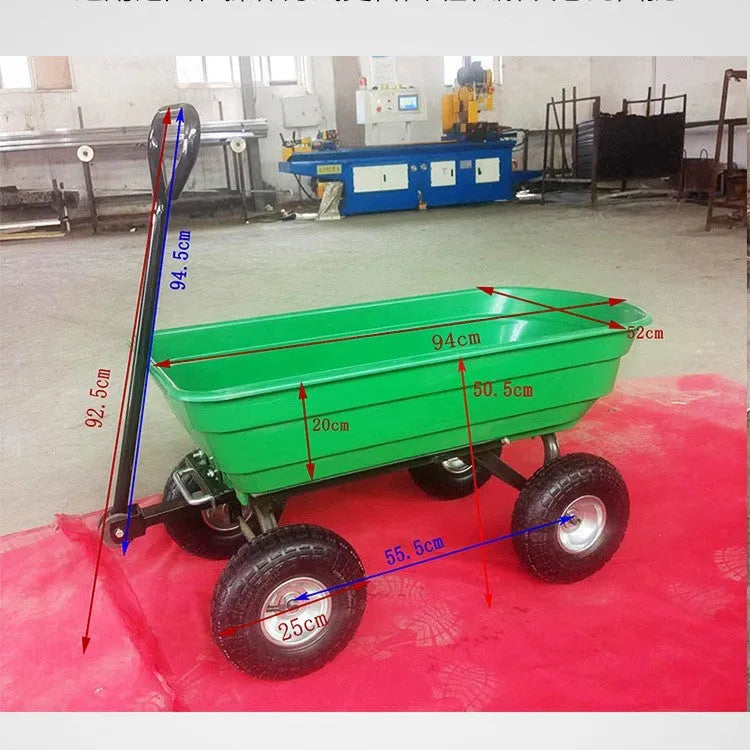Green four-wheel plastic dump truck with steel PP body and tilting cargo bed for 350kg loads