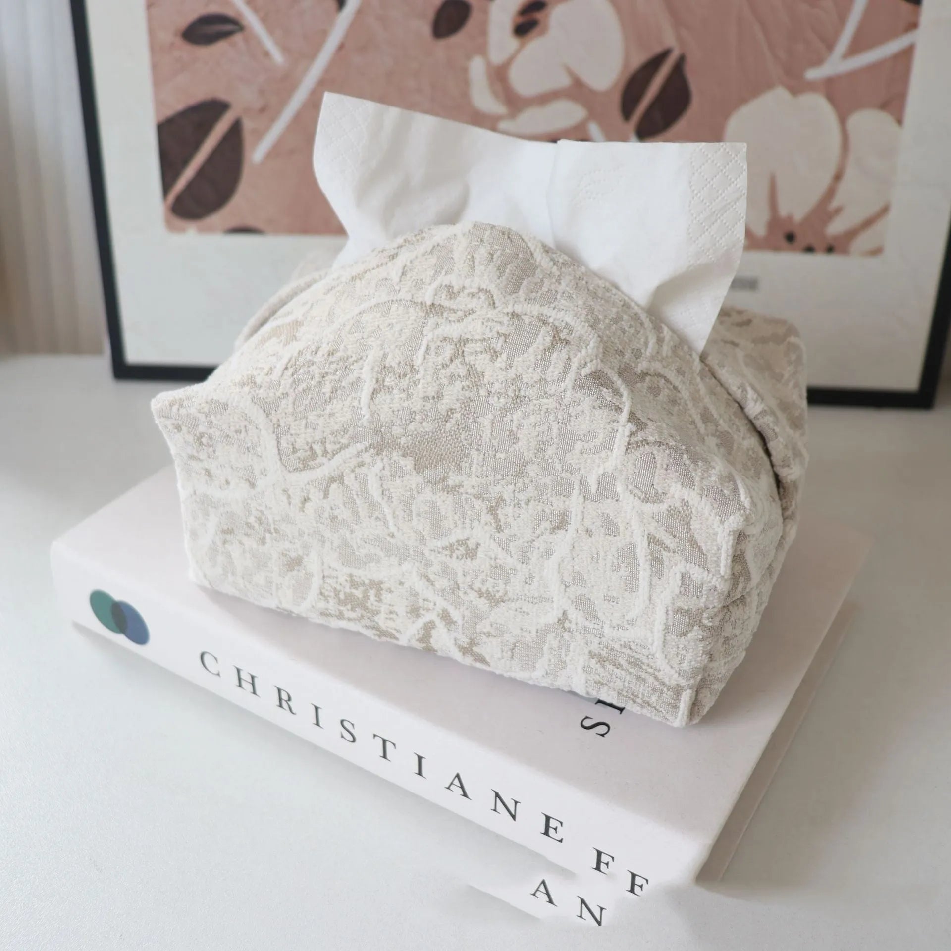 Chinese style cotton tissue box with floral pattern in living room setting