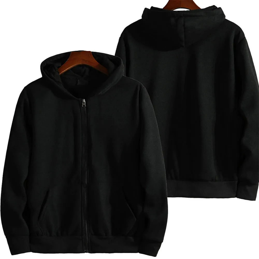 Men's loose fit solid colour zip front jacket in black, shown on a hanger.