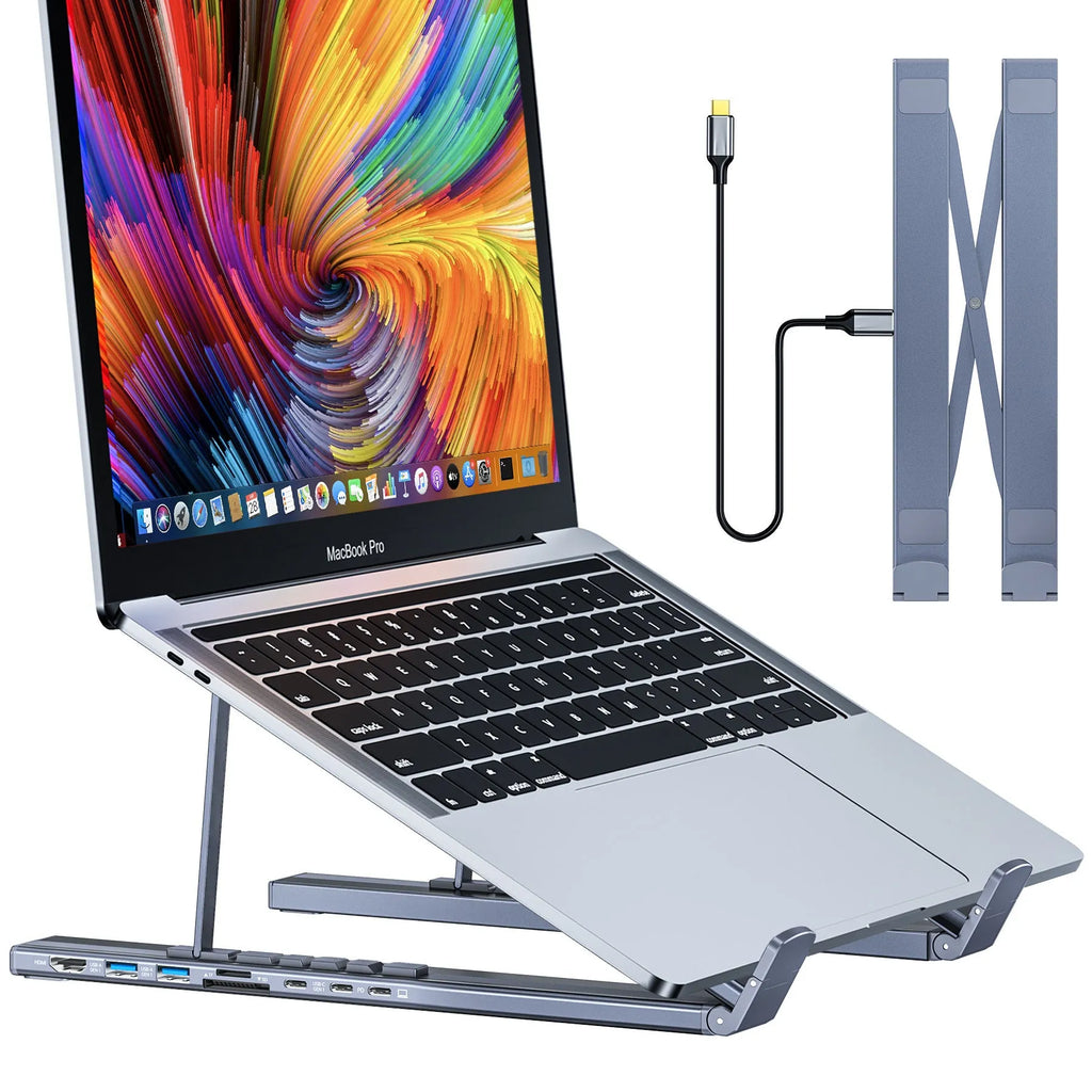 Aluminium folding laptop docking station with eight-port hub including HDMI interface