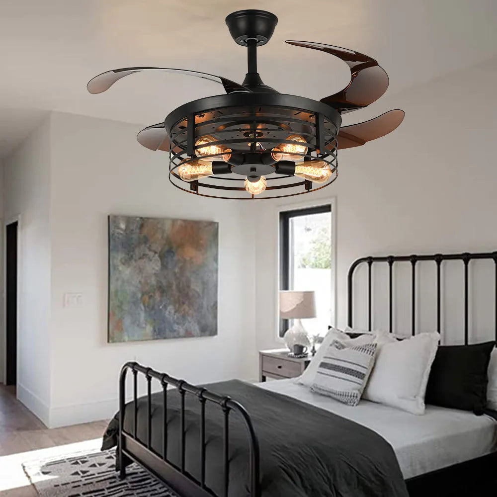 American retro style ceiling fan lamp with invisible blades and acrylic shade, remote control included