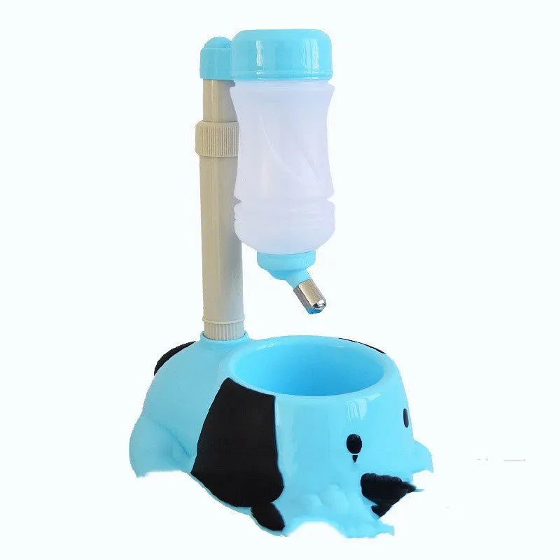 Adjustable plastic pet drinking bowl in pink, blue, or yellow with height adjustment up to 42cm.