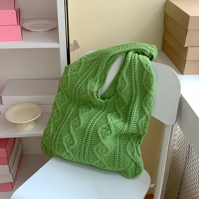 Retro hollow knitted women's shoulder tote bag with double straps in solid colour