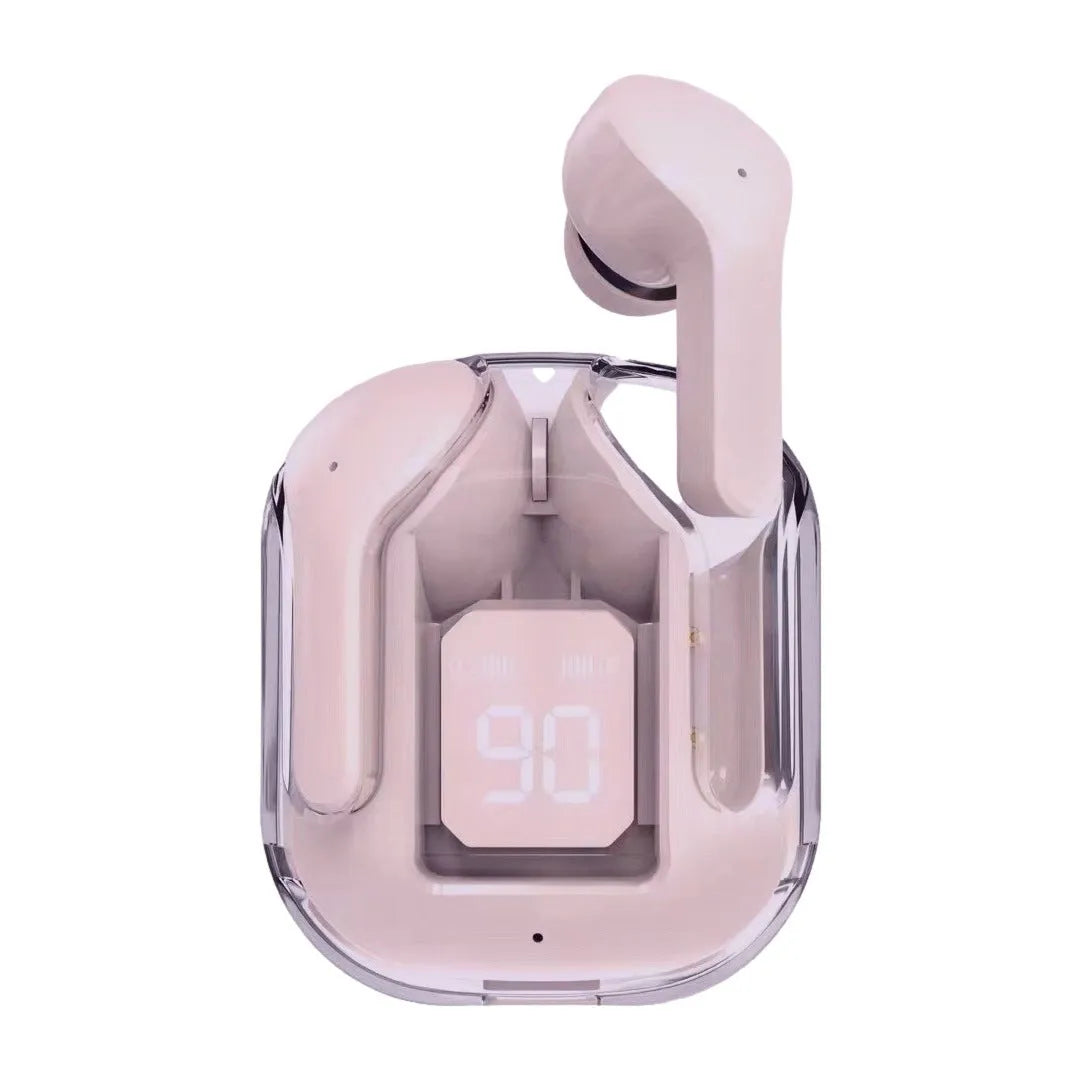 Transparent case true wireless Bluetooth earphones showing digital display with black, white, blue, green, and peach colour options