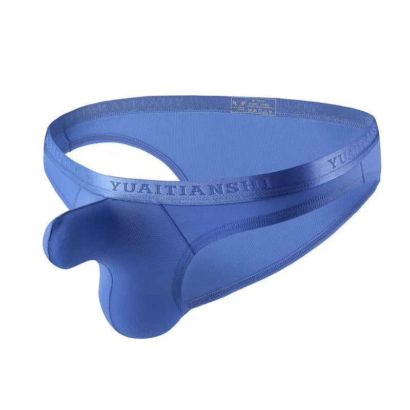 Men's thin solid colour low-waist underwear in breathable nylon fabric on a plain background.