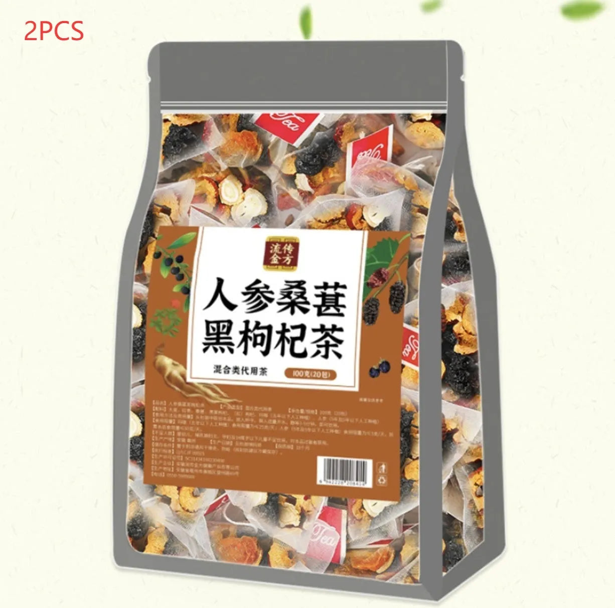 Ginseng Black Wolfberry Tea package with 40 individual 5g herbal tea sachets