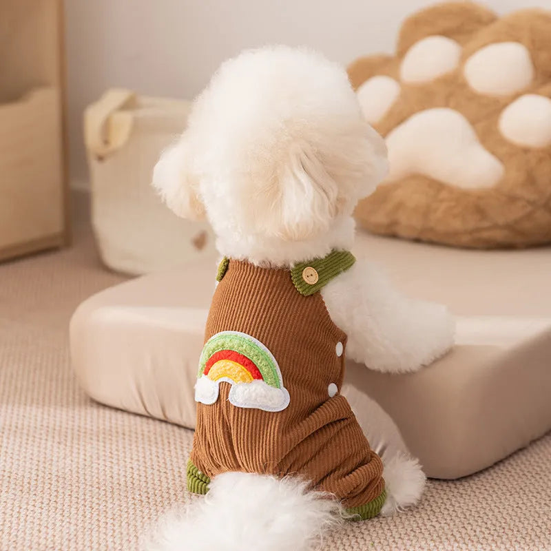 Dog jumpsuit in corduroy fabric with rainbow print, beige and brown options, for small dogs autumn winter