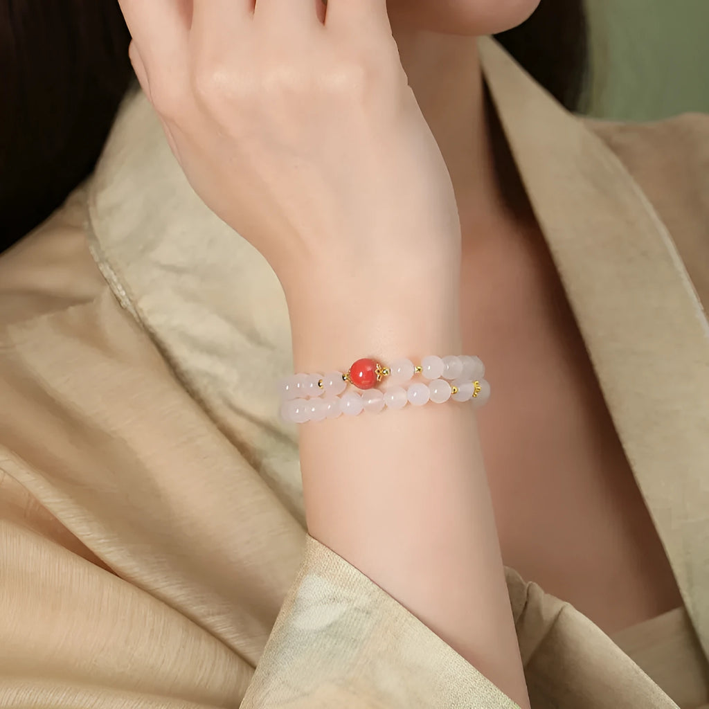 Polished white agate double-layer bracelet for women with 6mm geometric beads and cinnabar accents