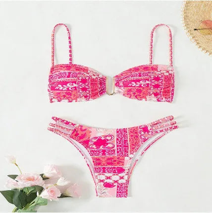 Women's high-waist floral bikini swimsuit set in solid colour with nylon lining