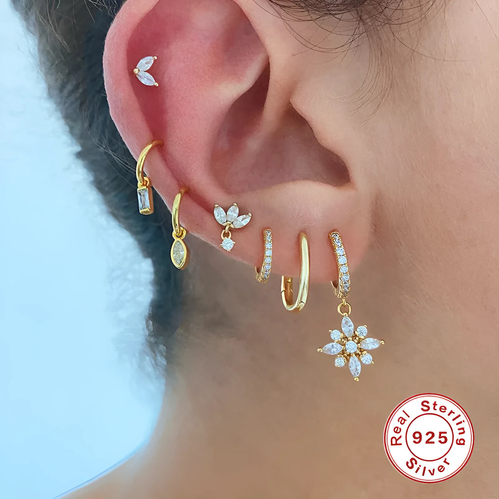Sterling silver snowflake pendant earrings with geometric design in white gold or yellow gold colour