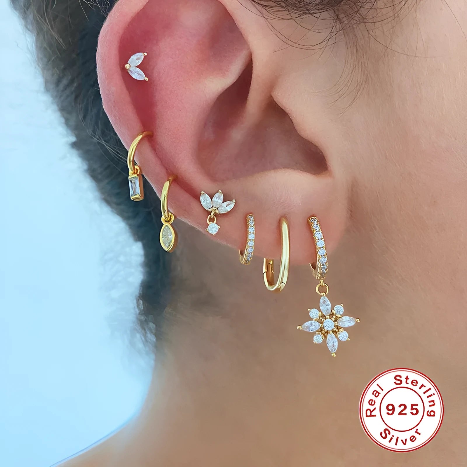 Sterling silver snowflake pendant earrings with geometric design in white gold or yellow gold colour