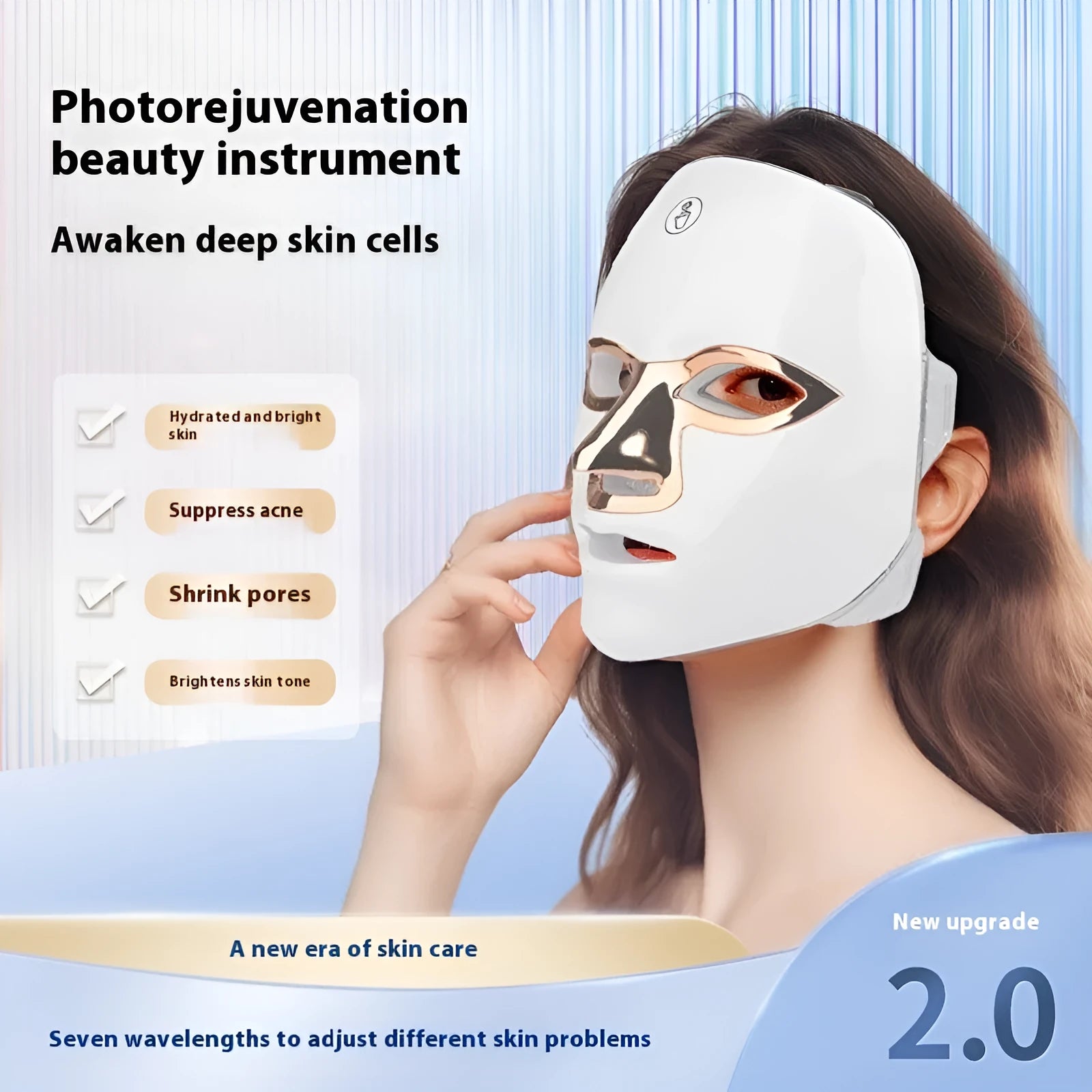 Rechargeable manual touch LED beauty mask in white rose gold rim colour with charging cable